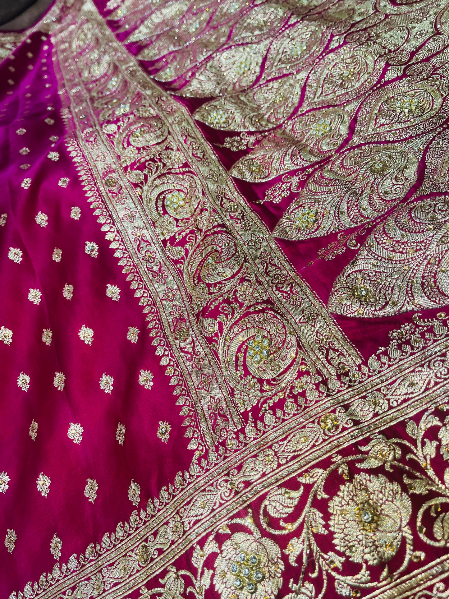 Bridal Banarasi Pure Silk Ruby Pink with stone Work Saree with Intricate Butta Zari Weave – HBP-03