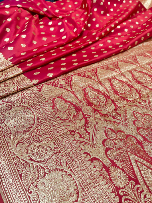 Banarasi Pure Silk Ruby Red Saree with Intricate Butta Zari Weave – HBP-04