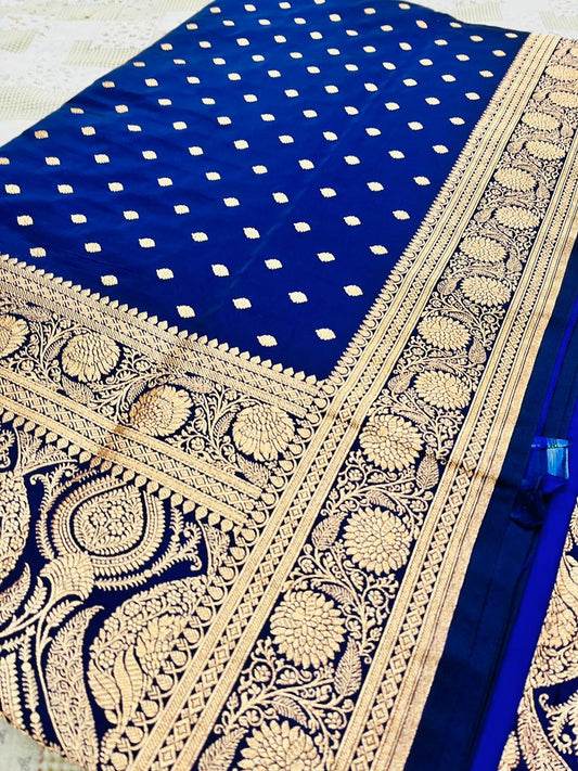 Banarasi Navy Blue Mashru Silk Saree with Classic Woven Booti Accents – MS02