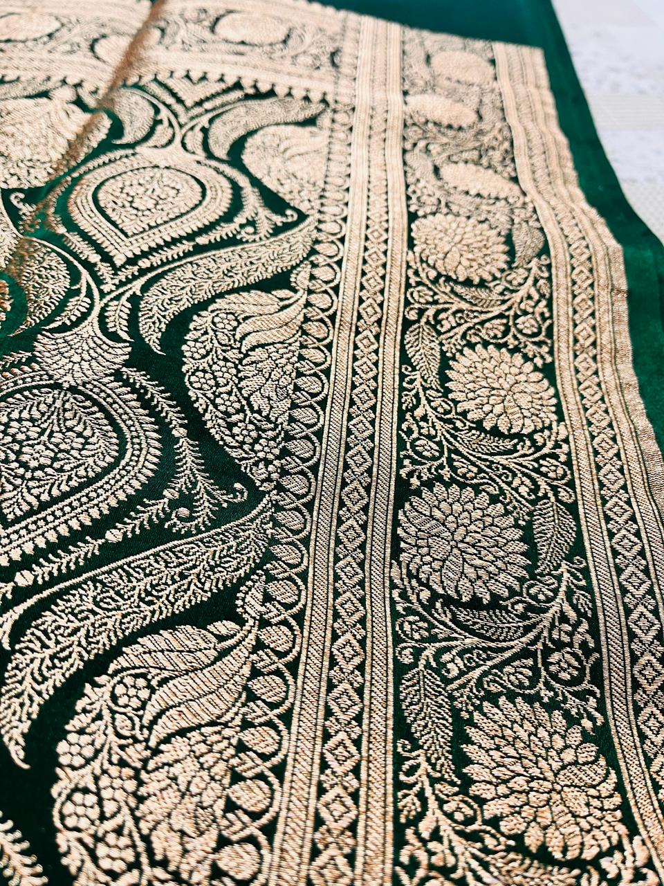 Forest Green Mashru Silk Banarasi Saree with Elegant Booti Design – MS01