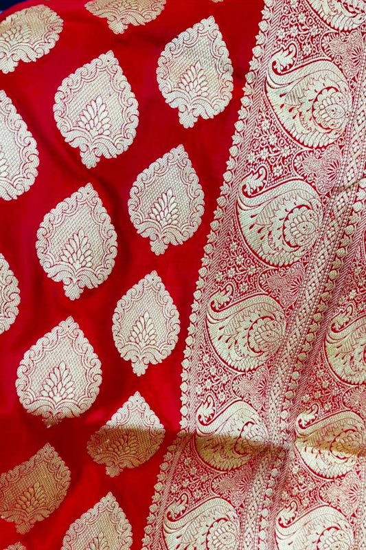 Bridal Banarasi Pure Silk Ruby Red Saree with Intricate Butta Zari Weave – HBP-02