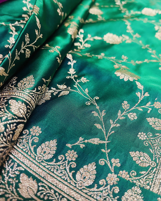 Forest Green Dual Shade Mashru Silk Saree Showcases Subtle Jaal Weaving – MS13