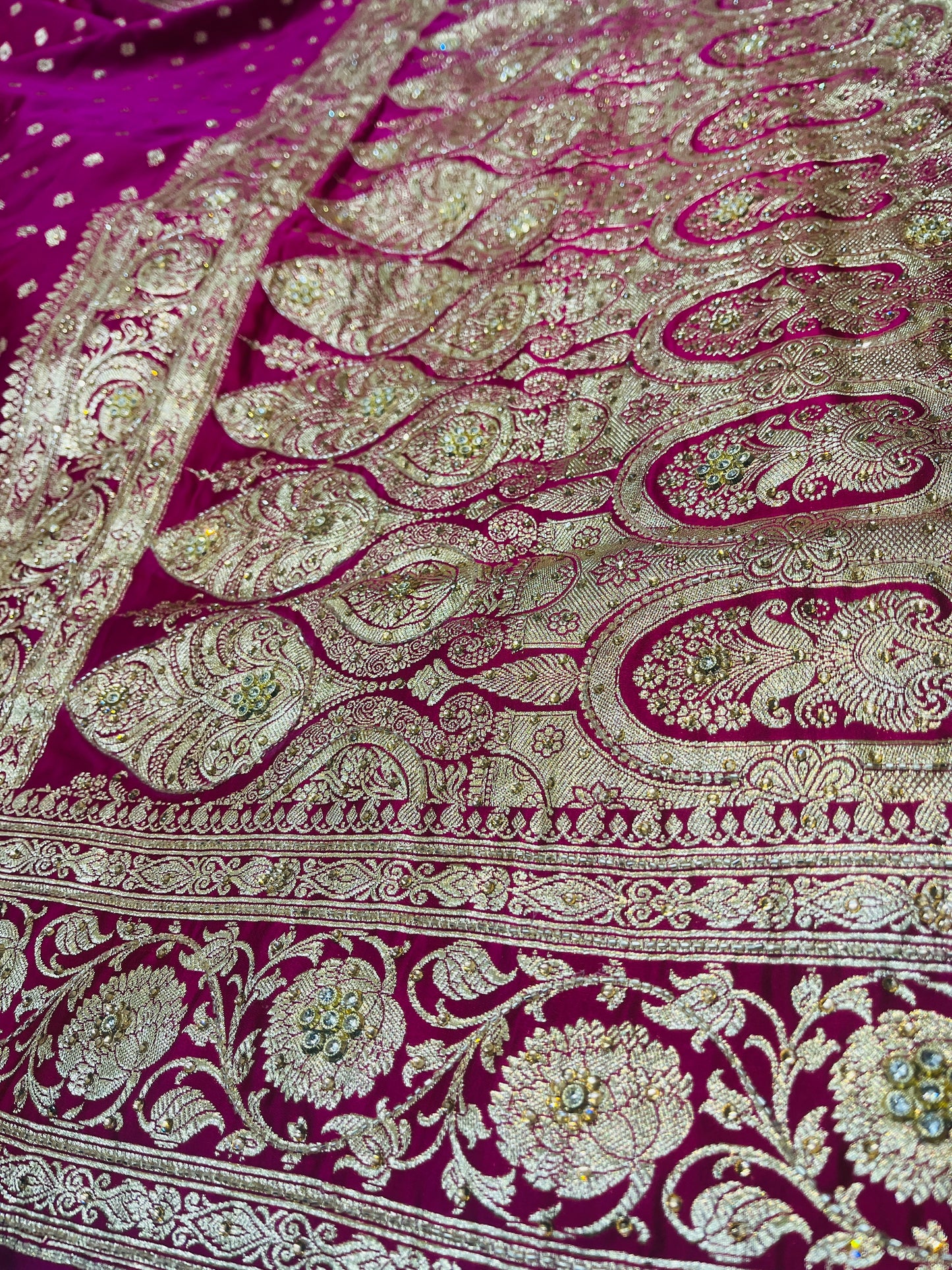 Bridal Banarasi Pure Silk Ruby Pink with stone Work Saree with Intricate Butta Zari Weave – HBP-03