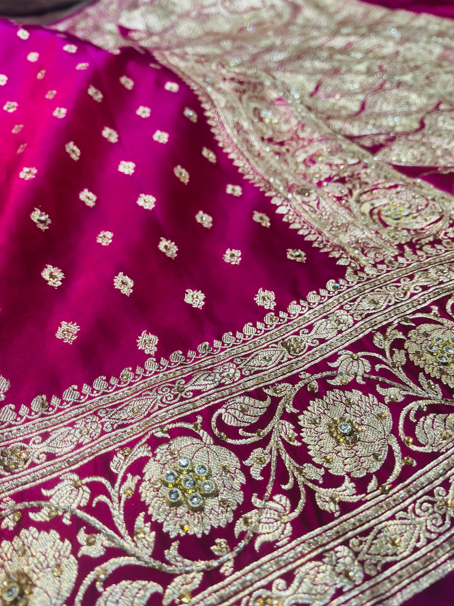 Bridal Banarasi Pure Silk Ruby Pink with stone Work Saree with Intricate Butta Zari Weave – HBP-03