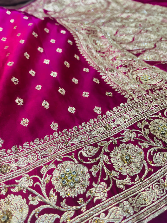 Bridal Banarasi Pure Silk Ruby Pink with stone Work Saree with Intricate Butta Zari Weave – HBP-03