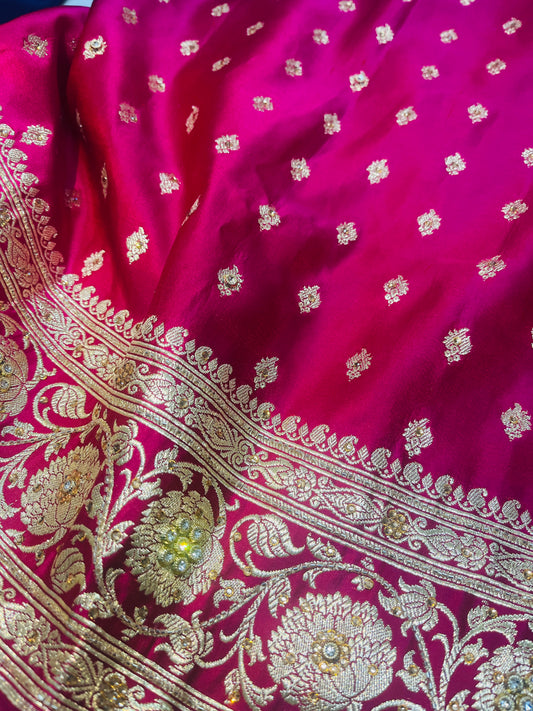 Bridal Banarasi Pure Silk Ruby Pink with stone Work Saree with Intricate Butta Zari Weave – HBP-03