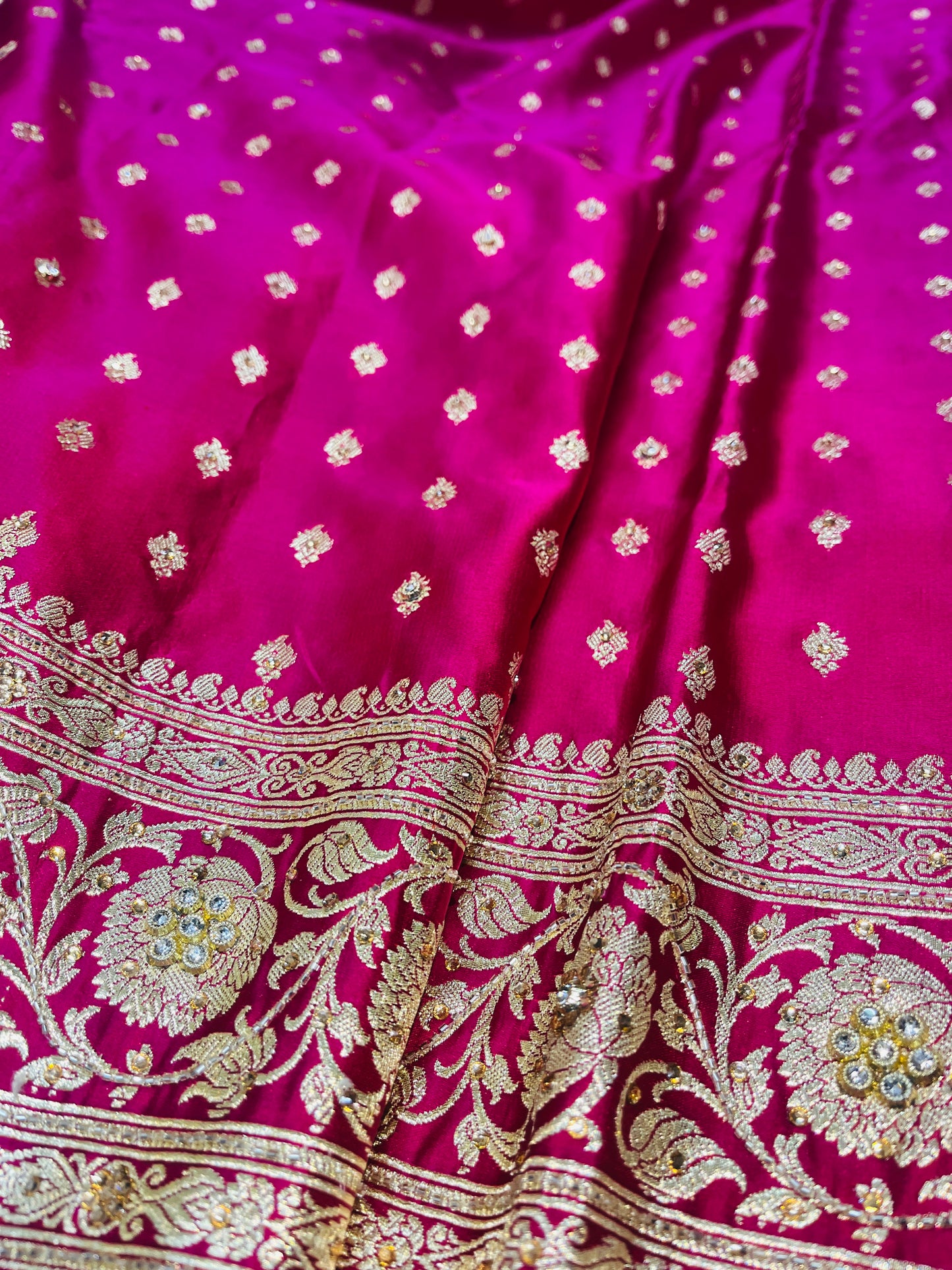 Bridal Banarasi Pure Silk Ruby Pink with stone Work Saree with Intricate Butta Zari Weave – HBP-03