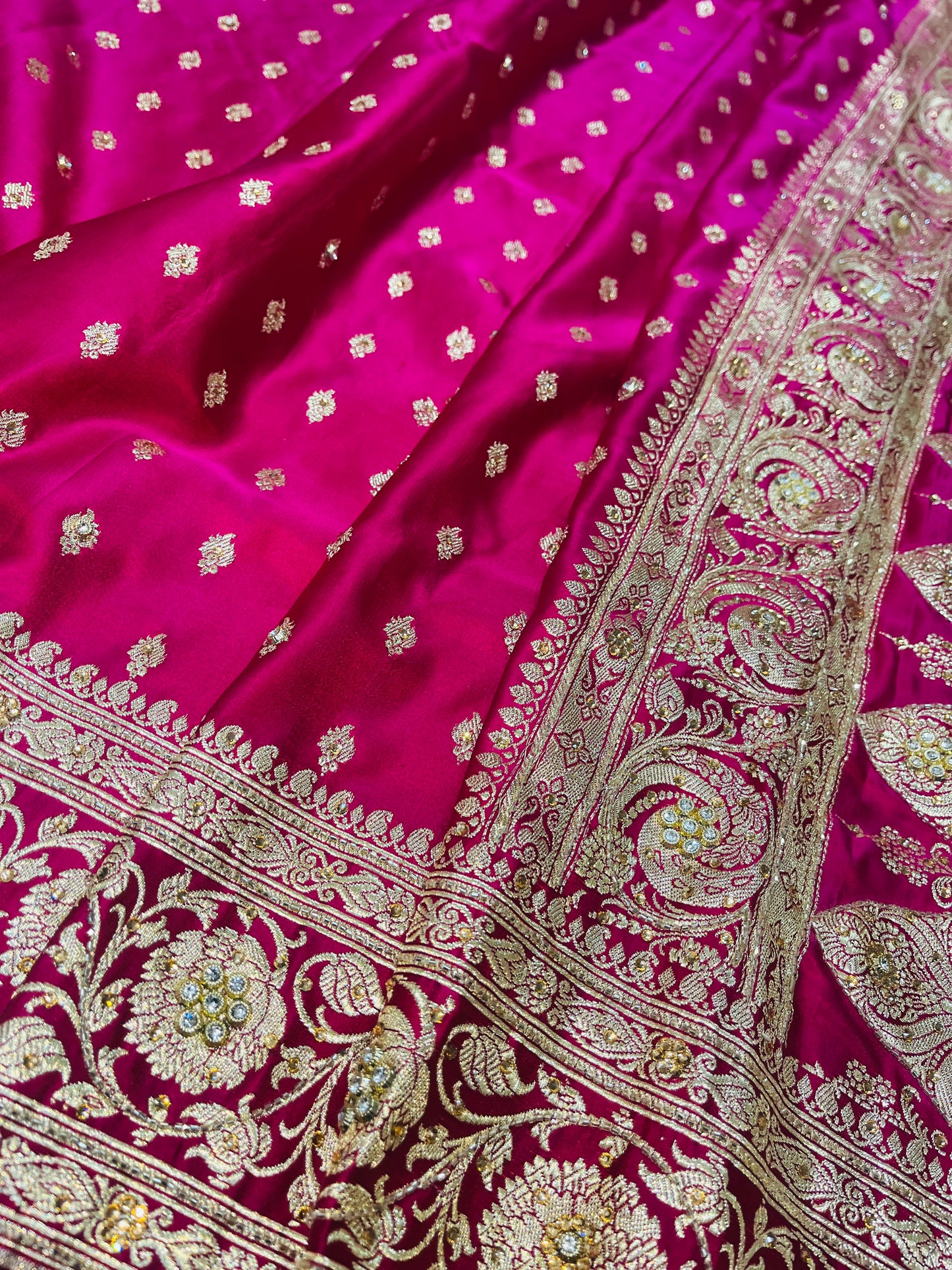 Bridal Banarasi Pure Silk Ruby Pink with stone Work Saree with Intricate Butta Zari Weave – HBP-03