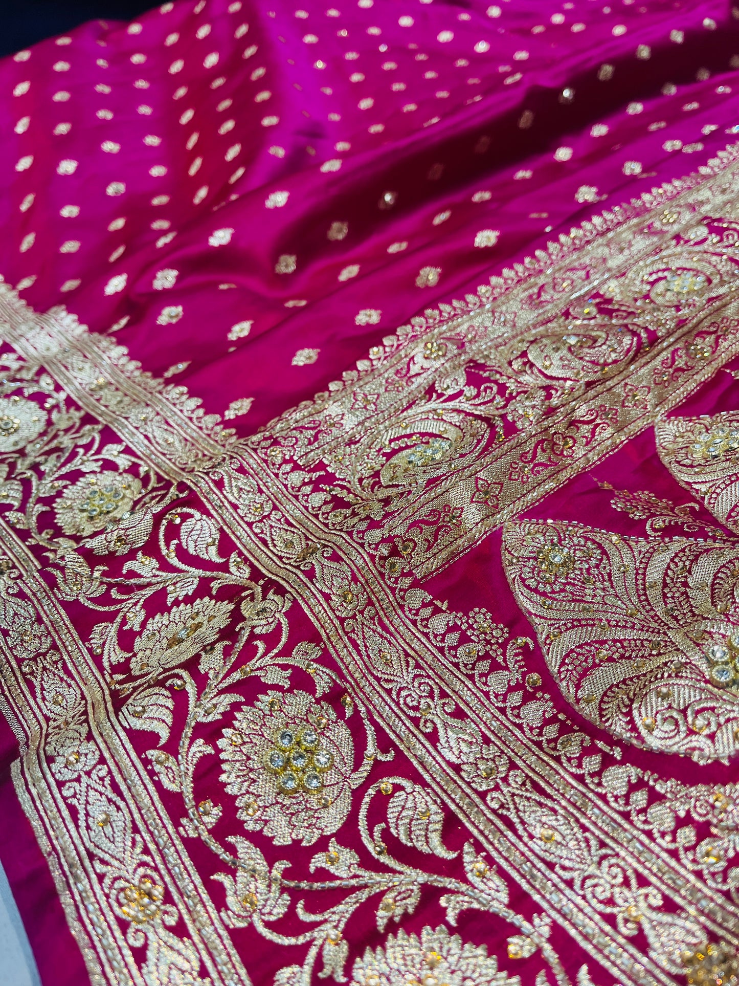 Bridal Banarasi Pure Silk Ruby Pink with stone Work Saree with Intricate Butta Zari Weave – HBP-03
