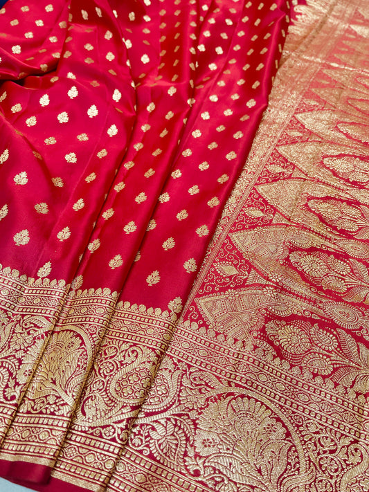 Banarasi Pure Silk Ruby Red Saree with Intricate Butta Zari Weave – HBP-04