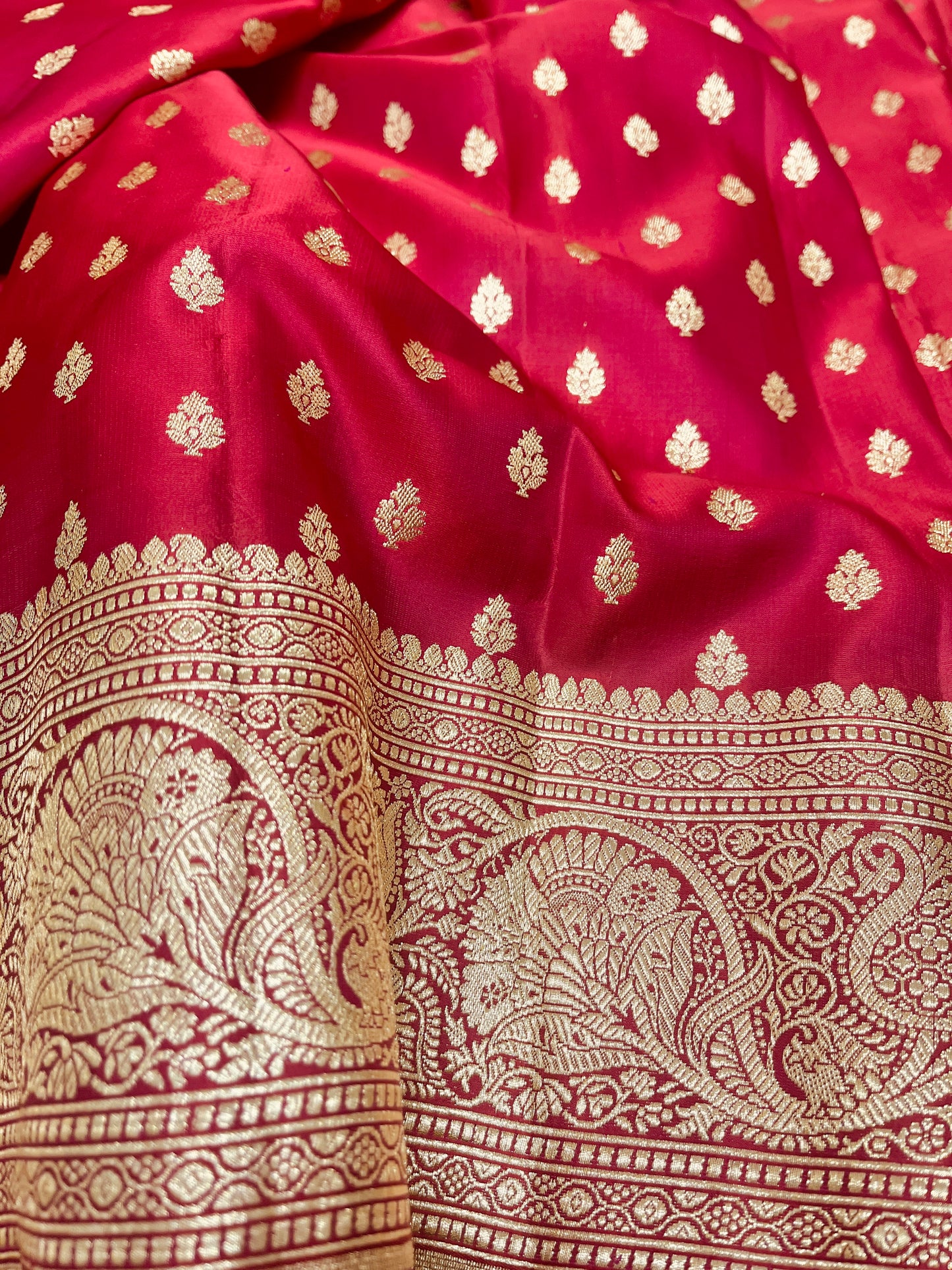 Banarasi Pure Silk Ruby Red Saree with Intricate Butta Zari Weave – HBP-04