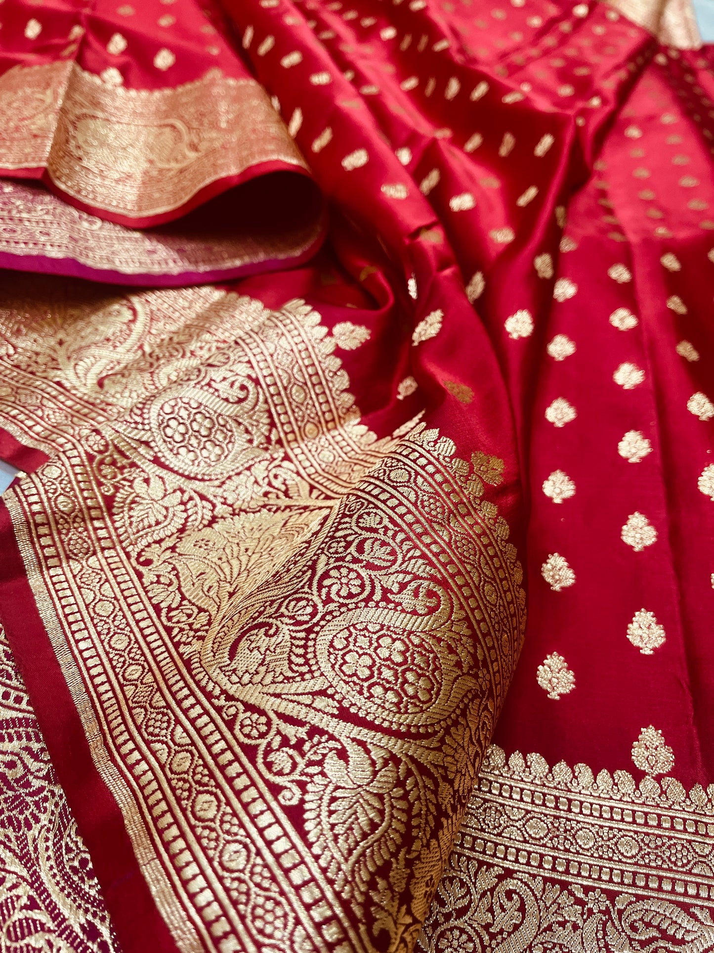 Banarasi Pure Silk Ruby Red Saree with Intricate Butta Zari Weave – HBP-04