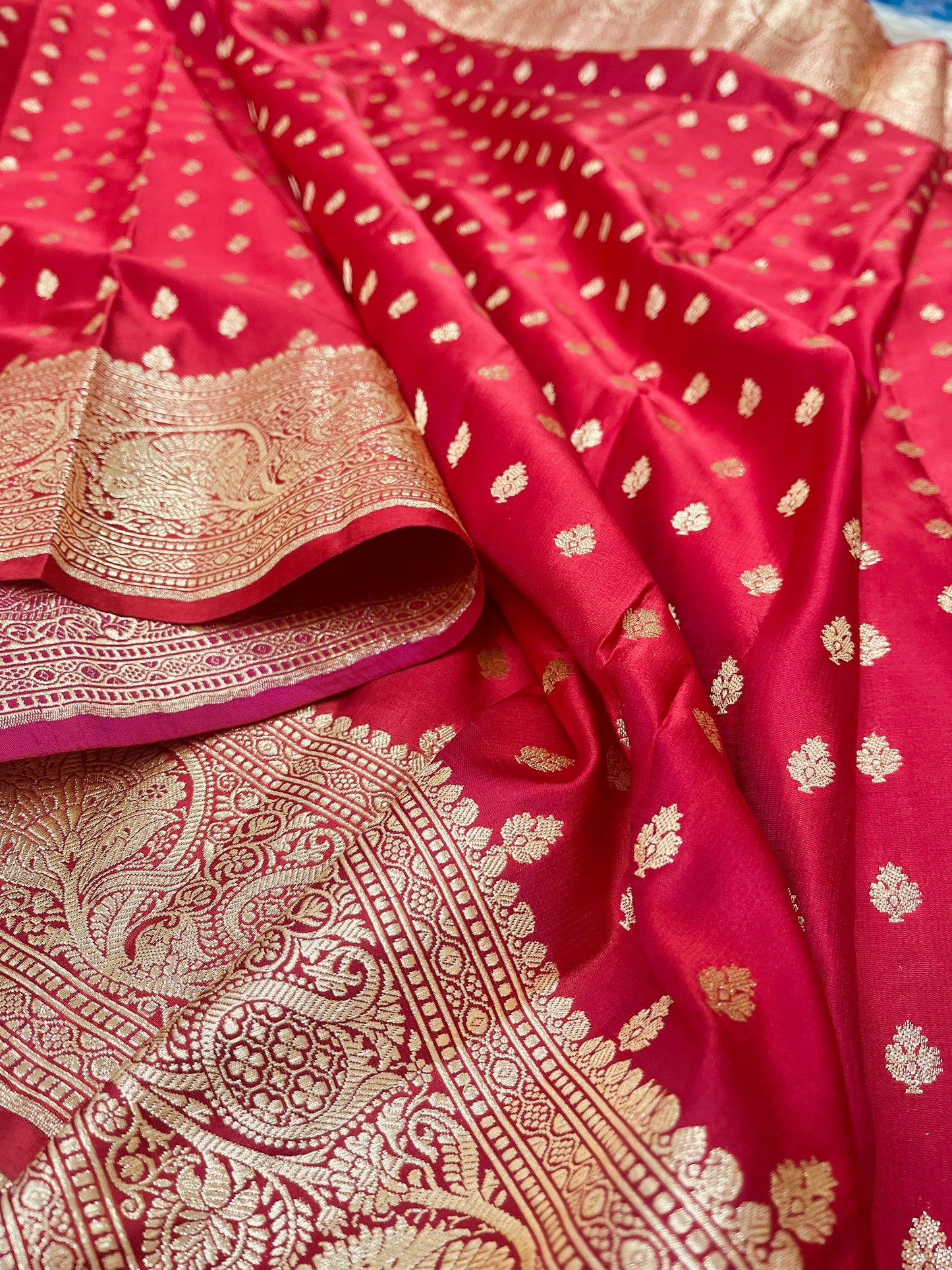 Banarasi Pure Silk Ruby Red Saree with Intricate Butta Zari Weave – HBP-04