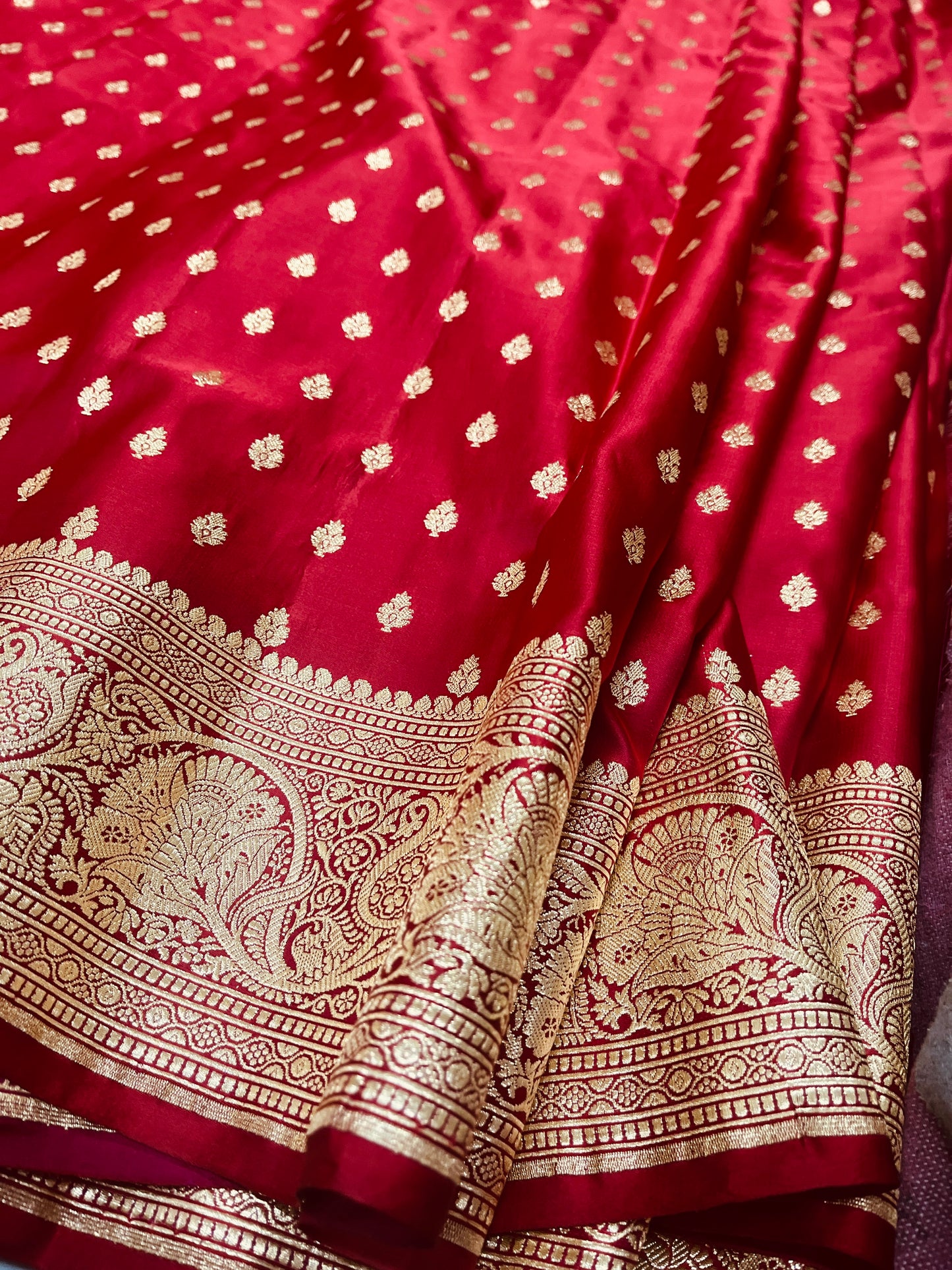Banarasi Pure Silk Ruby Red Saree with Intricate Butta Zari Weave – HBP-04