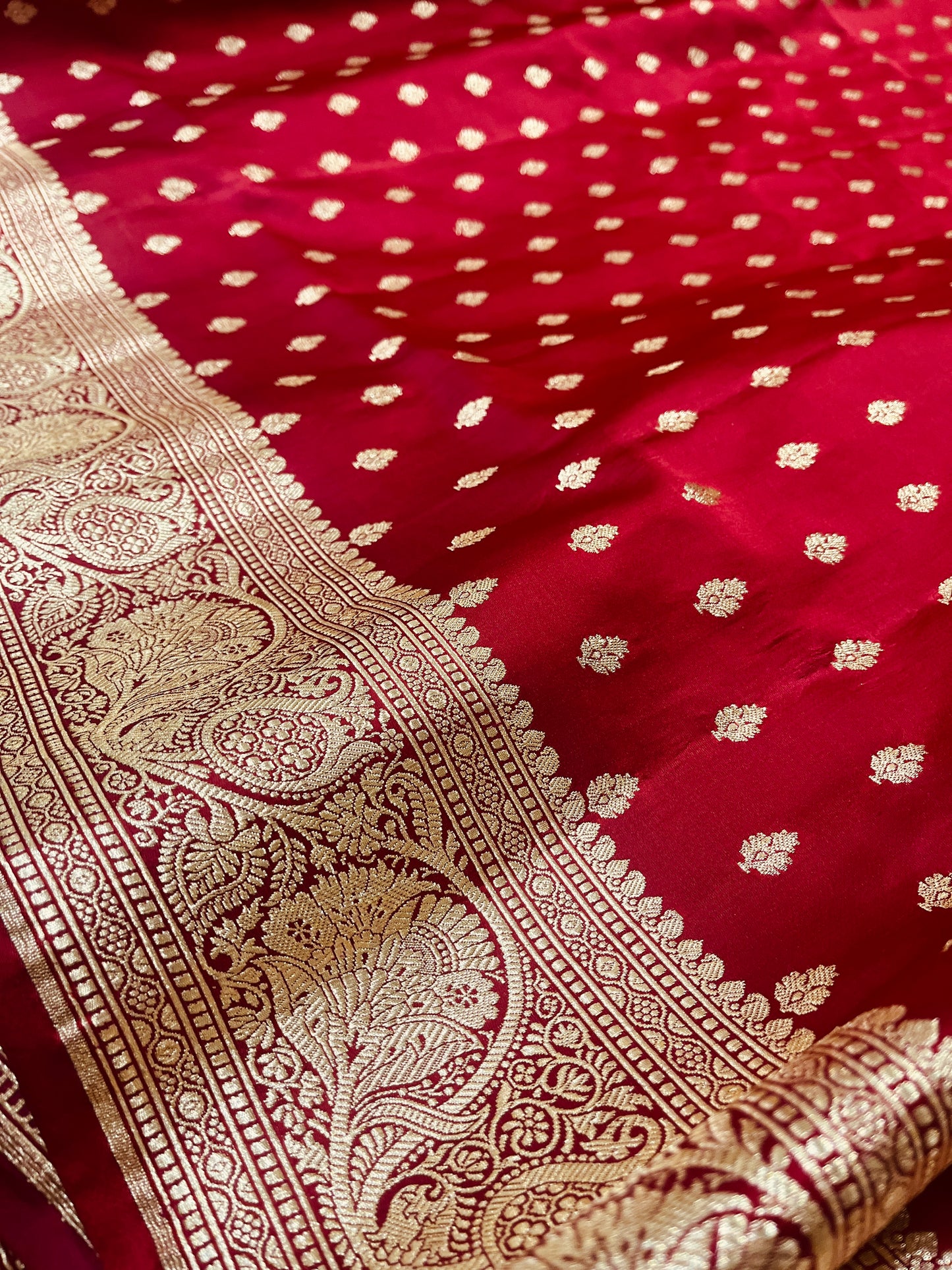 Banarasi Pure Silk Ruby Red Saree with Intricate Butta Zari Weave – HBP-04