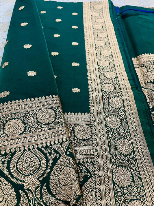 Bottle Green Mashru Silk Saree Accented with Timeless Booti Motifs – MS09