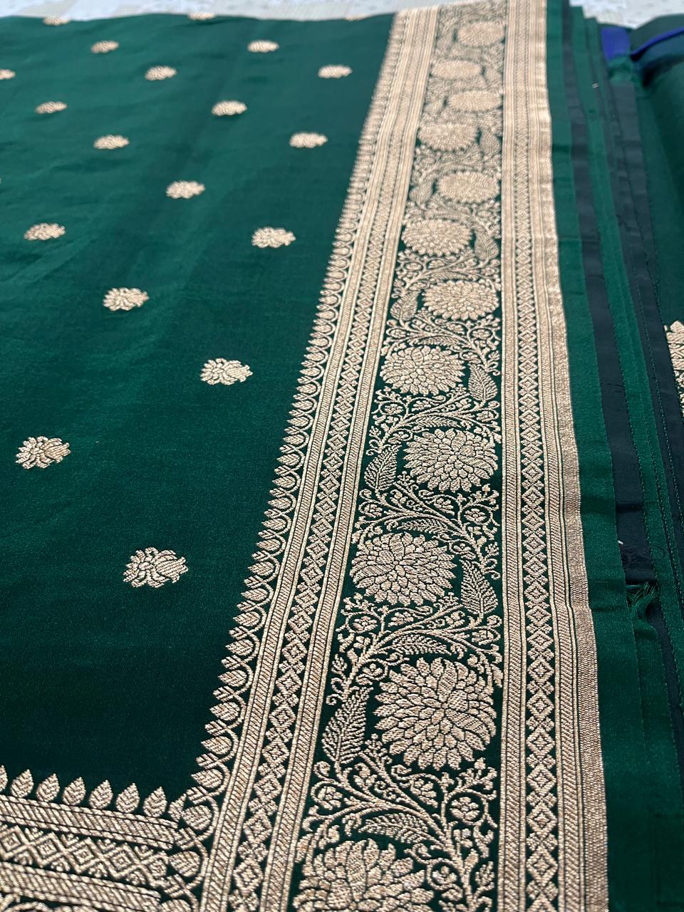 Bottle Green Mashru Silk Saree Accented with Timeless Booti Motifs – MS09