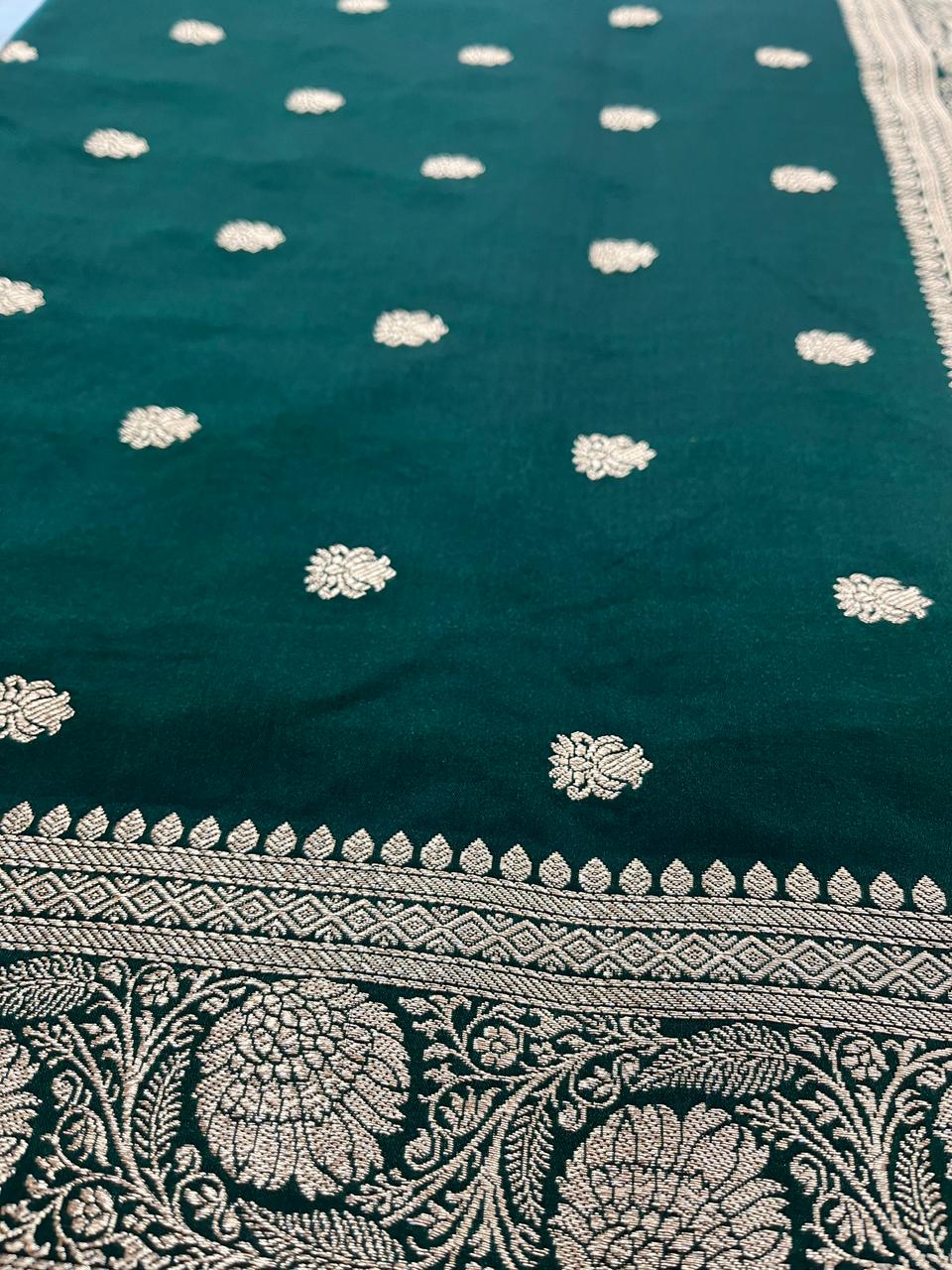 Bottle Green Mashru Silk Saree Accented with Timeless Booti Motifs – MS09