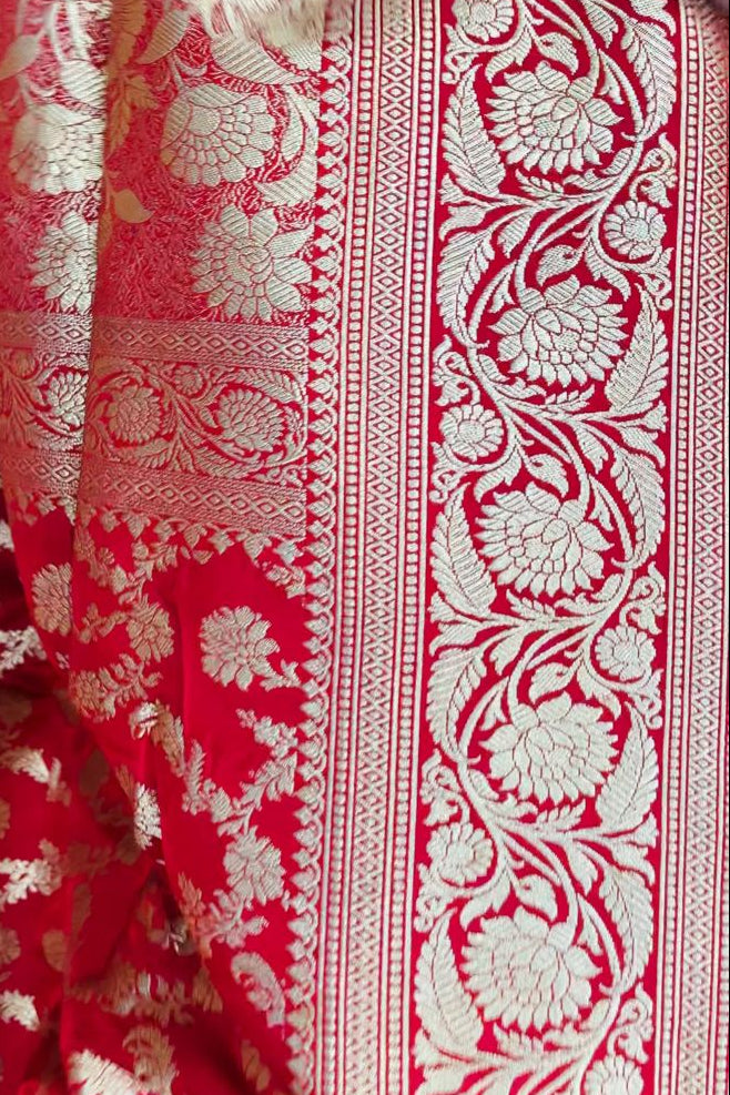 Banarasi Pure Silk Bridal Red Saree with Mughal Jaal Zari Weave – HBP-01