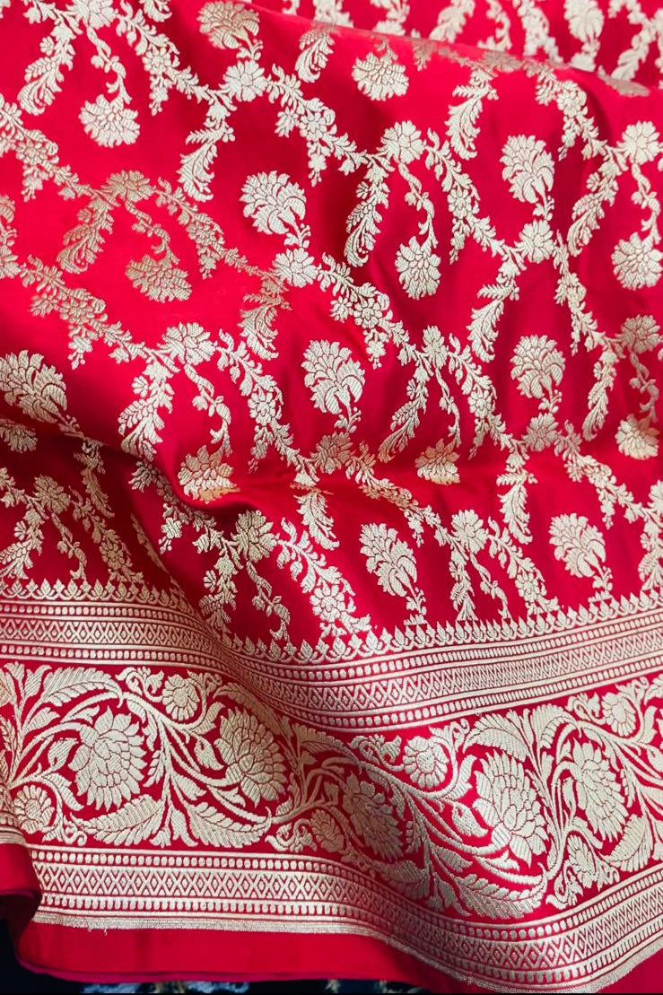 Banarasi Pure Silk Bridal Red Saree with Mughal Jaal Zari Weave – HBP-01