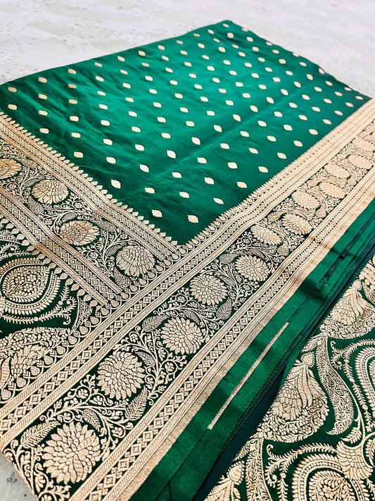 Forest Green Mashru Silk Banarasi Saree with Elegant Booti Design – MS01