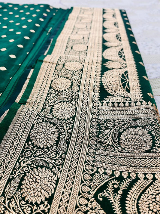 Forest Green Mashru Silk Banarasi Saree with Elegant Booti Design – MS01