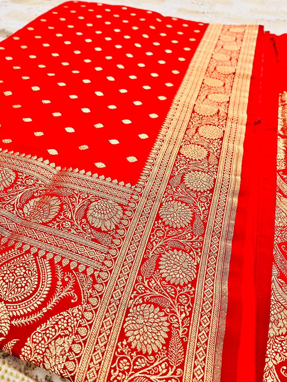 Banarasi Red Mashru Silk Saree with Traditional Booti Motifs – MS04