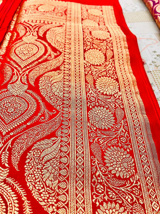 Banarasi Red Mashru Silk Saree with Traditional Booti Motifs – MS04