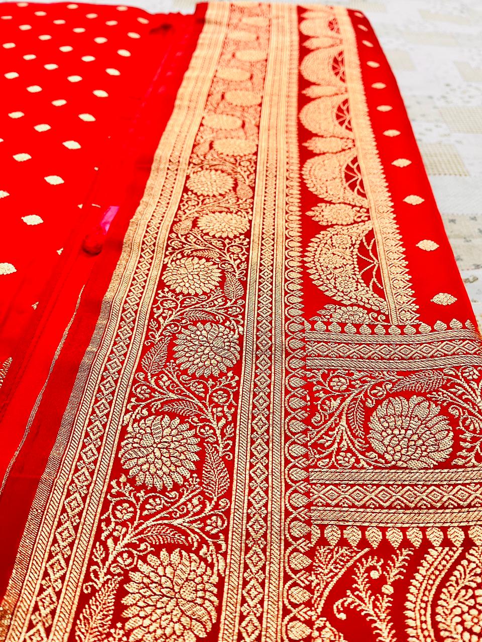 Banarasi Red Mashru Silk Saree with Traditional Booti Motifs – MS04